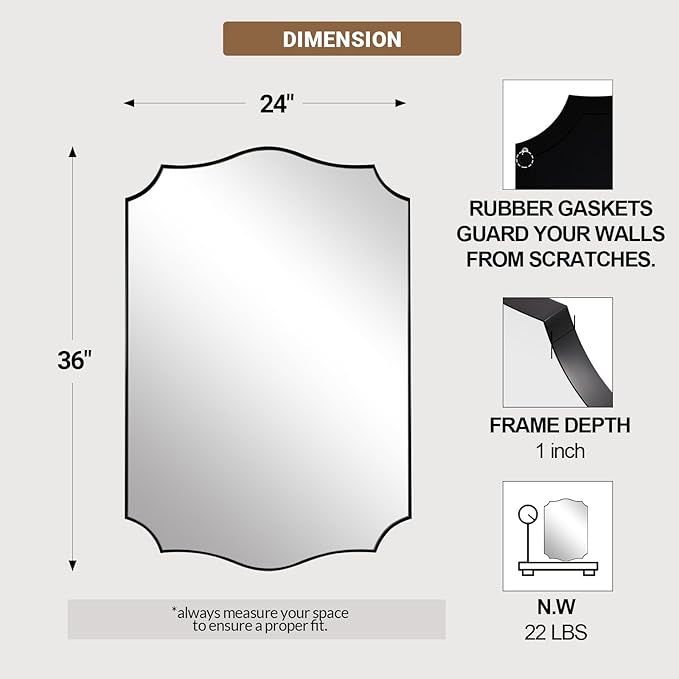 ANDY STAR Matte Black Mirror, 24x36 Inch Scalloped Bathroom Mirror, Unique Wavy Rectangle Mirror in Stainless Steel Metal 1” Frame, Wall Mount Vertical or Horizontal