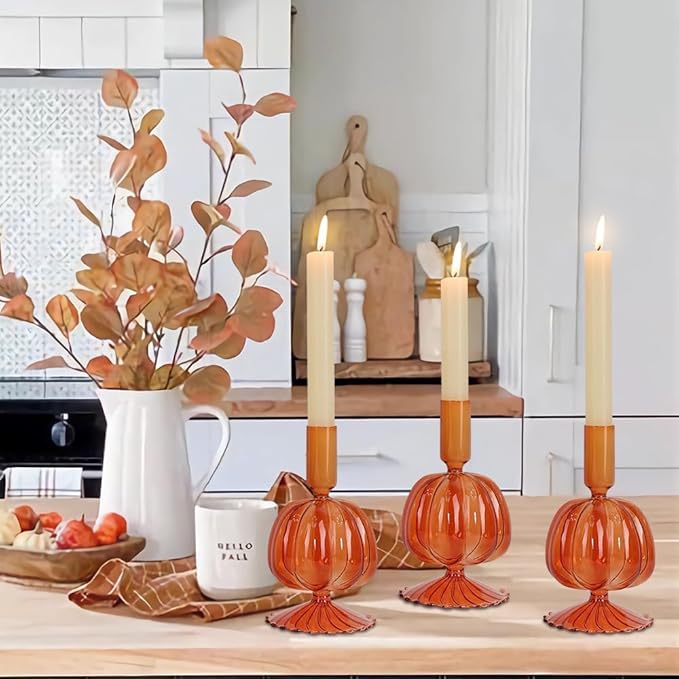 NEEDOMO Fall Decorations for Home, Set of 3 Glass Pumpkin Candlestick Holders for Thanksgiving Decor, Taper Candle Holder Fall Centerpieces for Tables Mantels Windows Indoor