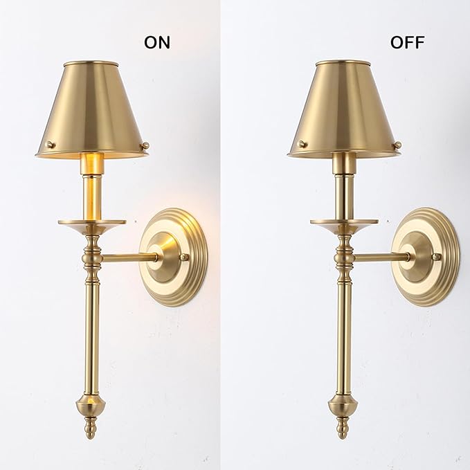 Brushed Brass Wall Sconce Modern Gold Bathroom Wall Lighting Vanity Light Fixtures with Metal Lampshade Industrial Mid Century Wall Mount Lights for Living Room Bedroom Stairs Corridor Mirror