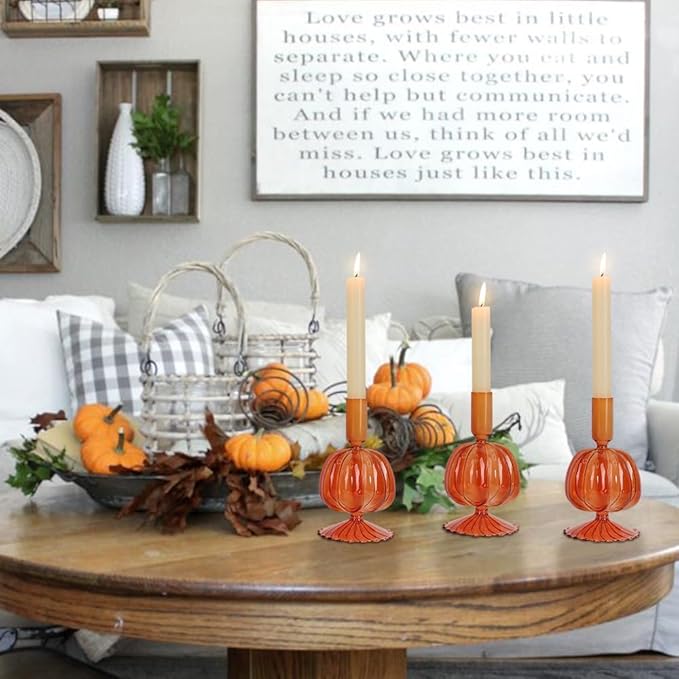 NEEDOMO Fall Decorations for Home, Set of 3 Glass Pumpkin Candlestick Holders for Thanksgiving Decor, Taper Candle Holder Fall Centerpieces for Tables Mantels Windows Indoor
