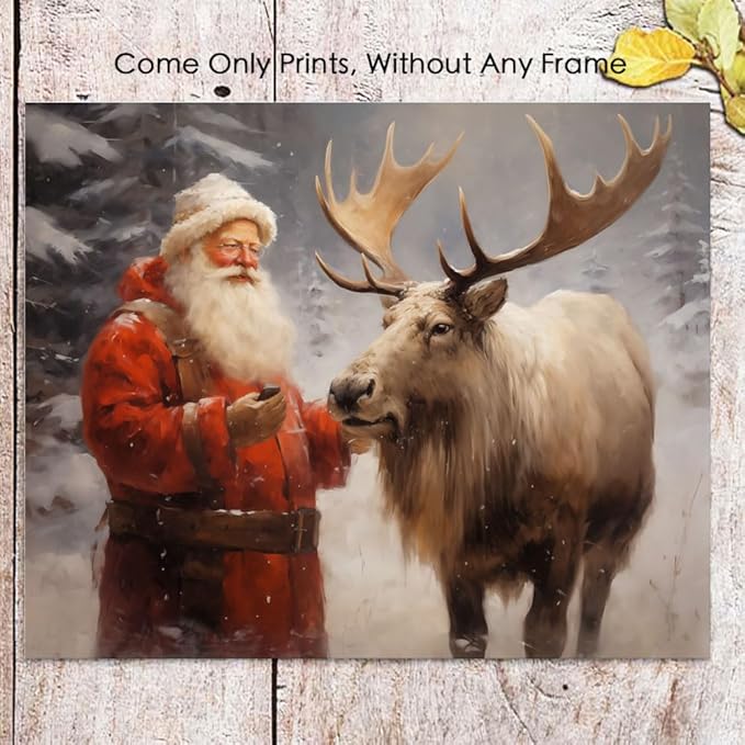 Santa's Reindeer Print, Vintage Christmas Wall Art, Christmas Painting Decor Christmas Art, Santa Claus and Reindeer Xmas Home Decor Trendy Poster Rustic Nordic Decor Winter