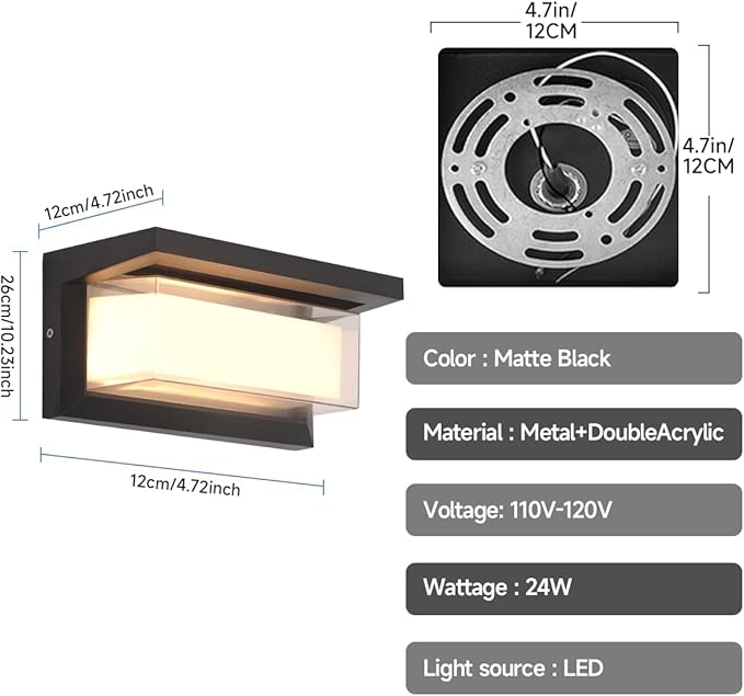 Dimmable Indoor Wall Light Fixtures,Outdoor Modern Wall Sconce Lights,3 Color 3000K/4000K/6500K Adjustable,24W Exterior Wall Lighting,Waterproof Outdoor Porch Light,2160LM Art Wall Light 2 Pack