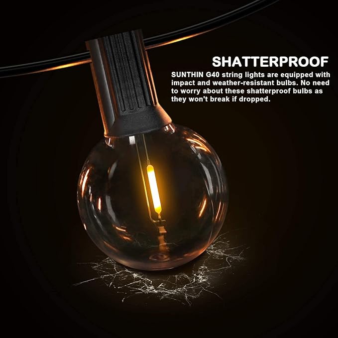 SUNTHIN Outdoor String Lights, 144FT(3x48FT) Patio Lights with G40 Shatterproof LED Bulbs, Hanging String Lights for Outside Backyard, Porch, Deck, Party, Garden