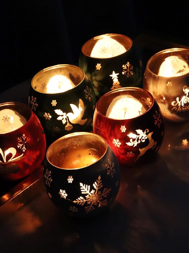Christmas Votive Candle Holder Set of 6, Red Green White Glass Tealight Holder with 6 Laser Engraving Patterns for Winter Xmas Table Centerpiece Decor
