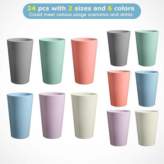 24 Pcs Unbreakable Plastic Cups Set, 12 Pcs 14 oz and 12 Pcs 20 oz Reusable Plastic Cups, Stackable Water Tumblers, Drinking Cup for Kitchen, BPA-free, Dishwasher and Microwave Safe, 6 Colors