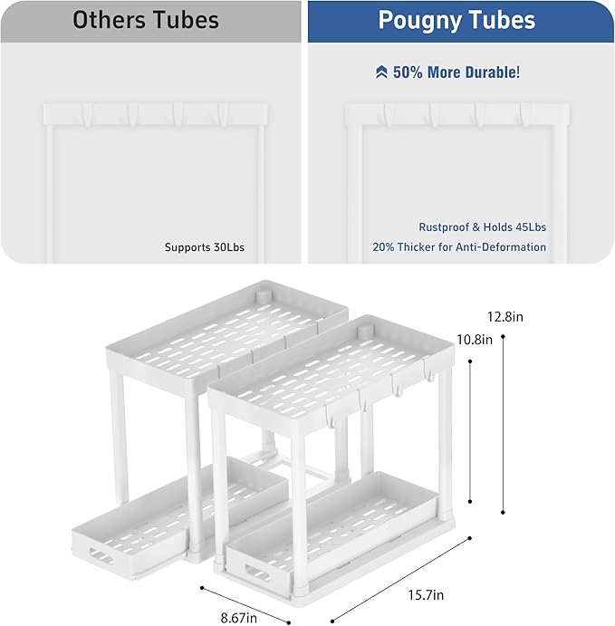 2PC Under Sink Organizer Rack 2 Tier Under Sliding Cabinet Basket Organizer Drawer with 4 Hooks, Multi-purpose Under Sink Storage for Bathroom Kitchen Desktop(White)