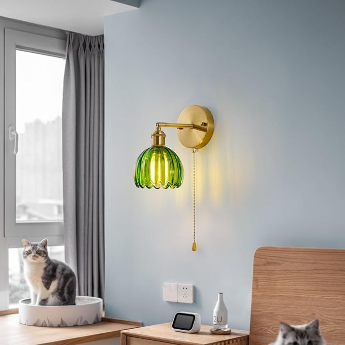 Vintage Wall Sconces with Pullswitch, 180 Degree Adjustable, Hradwired Modern Wall Lighting Fixture with Green Tulip Glass Lampshade for Bedroom Bedside Bathroom(2pack)