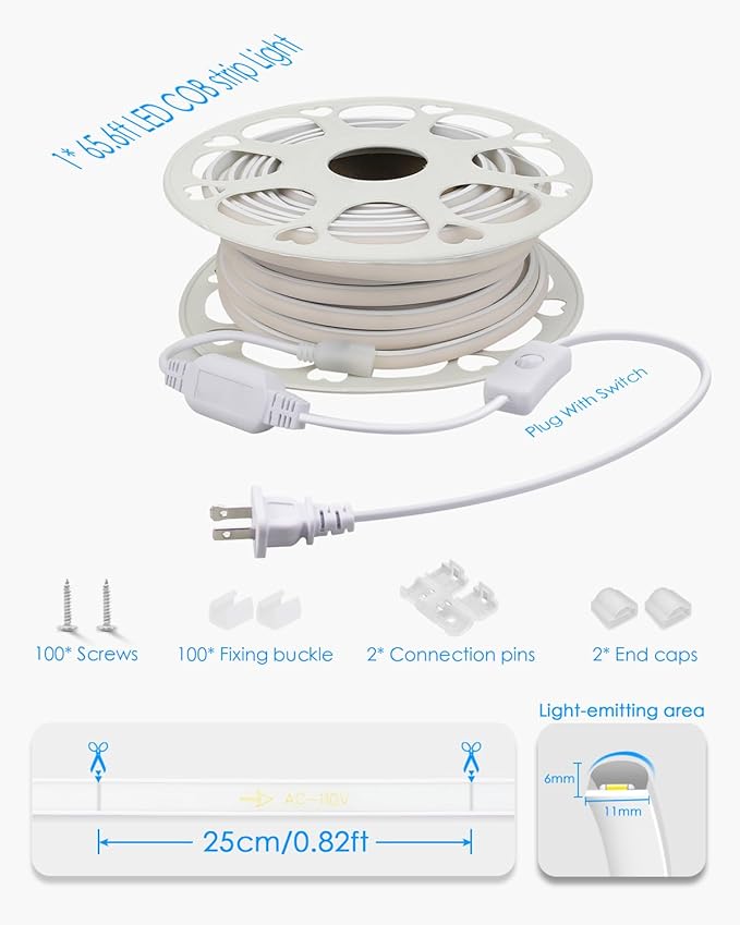 AC 110V LED COB Light Strip 65.6FT Warm White CRI 85+ Outdoor Waterproof Plug in with Switch Flexible Cuttable COB LED Rope Lights 3000K High Density 288Leds/M for Kitchen Cabinet Garden Home Decor