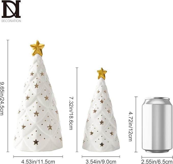 DN Decoration White Ceramic Christmas Tree with Lights, 2Pcs Prelit Tabletop Xmas Decor with Star Cutouts, Battery-Operated LED Trees for Christmas Village, Office, Front Porch Holiday Centerpieces