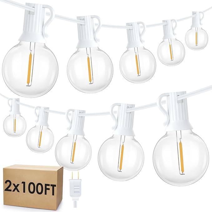 Mlambert 200Ft(2x100Ft) LED Outdoor String Lights, Dimmable G40 Globe Patio Lights with 100+5 2700K Waterproof Bulbs for Balcony-White Cord 2 Pack