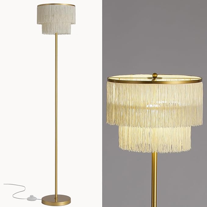 2 Light Gold Boho Floor Lamp with 2-Tier Tassels/Fringe Lampshade,66" Tall Mid Century Standing Bedroom Lamp,Soft Lighting Nursery Floor Lamp for Bedroom Livingroom