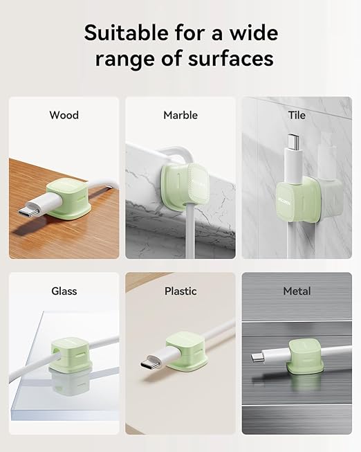 6 Pack Cable Management Cord Organizer, Magnetic Cable Clips-1s Lock, Rocoren Desk Adhesive Cord Cable Clip Wire Holder Keeper for Phone Charger Wire, Nightstand, Car, Office, Desktop Accessory, Green