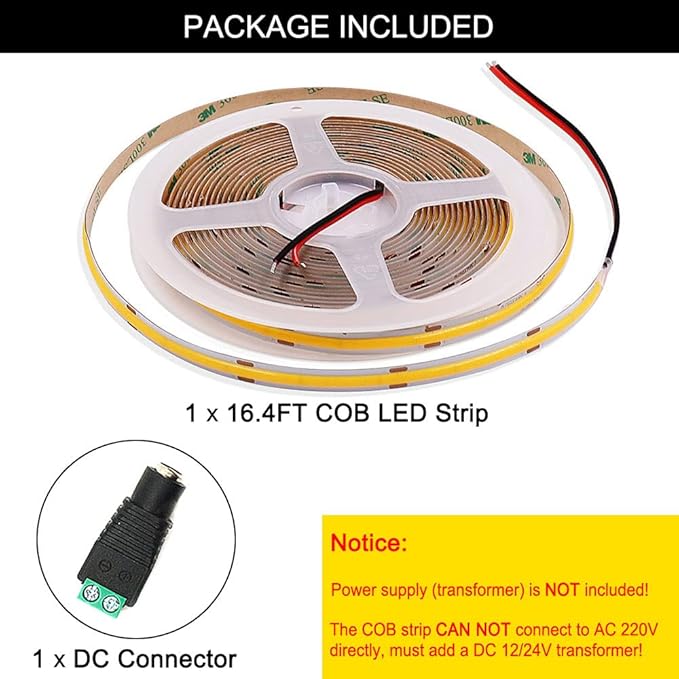 8mm 3000K Warm White COB LED Strip 24V DC Light Tape 480LEDs/m 16.4FT RA>90 High Lumen for House Kitchen Room House Ceiling Dedroom Decorative Lighting (DC24V, Without Power Supply)