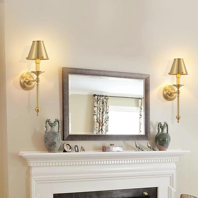 Brass Wall Sconce Modern Gold Bathroom Wall Lighting Vanity Light Fixtures Solid Copper Shade Industrial Wall Mount Lights for Bedroom Living Room E12 1-Light