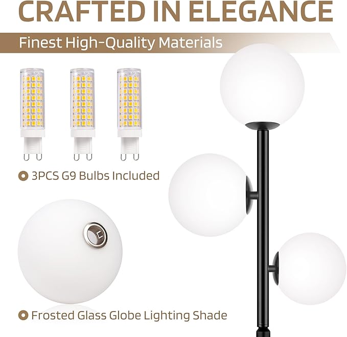 67" Mid Century Floor Lamps for Living Room, 3 Globe Floor Lamp with Frosted Glass Shades, Adjustable Height Standing Lamp with Foot Switch, Tall Lamps for Bedroom Office, G9 Bulbs Included, Black