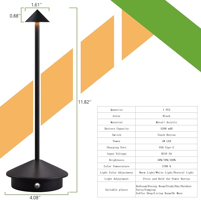 Cordless LED Table Lamp, Rechargeable 5200mAH Battery Operated Lamp for Decor, 3 Color Stepless Dimming Desk Lamps, for Restaurant, Bedroom, Outdoor Camping, Coffee Shop, Night Light