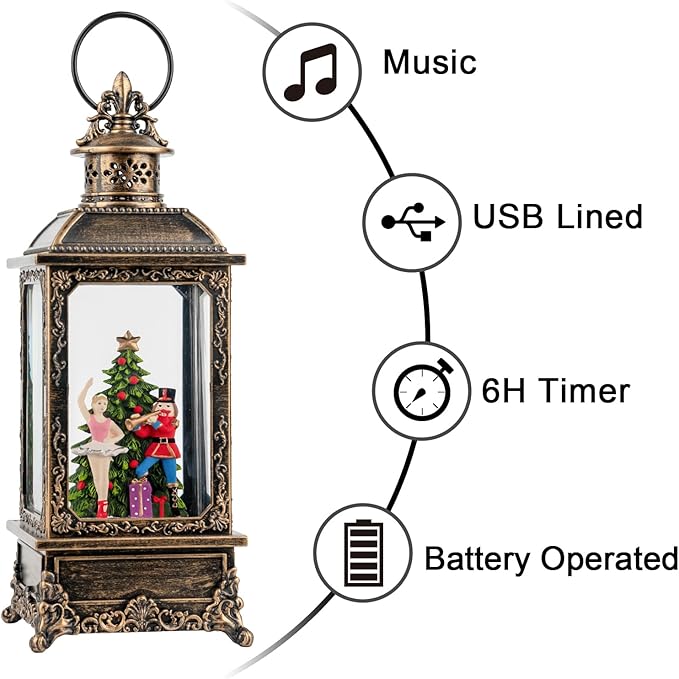 Christmas Snow Globe Nutcracker Lantern, Musical Lighted Nutcracker & Ballerina Water Lantern Swirling Glittering Home Decoration and Gift, Battery Operated or USB Powered