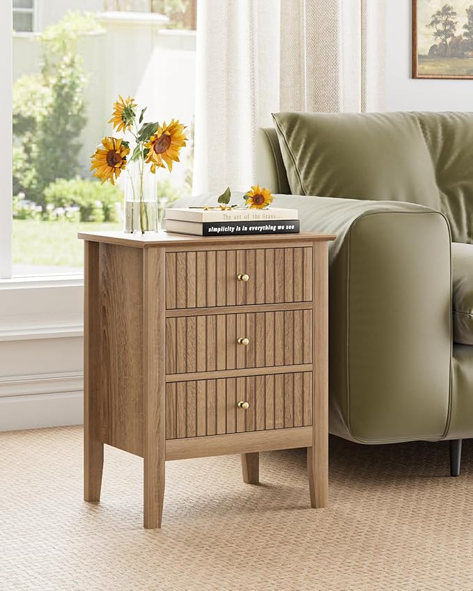 Fluted Nightstand, Farmhouse Night Stand with 3 Drawers, Mid Century Modern Side Accent Table,Bedside End Table for Bedroom, Living Room, Natural