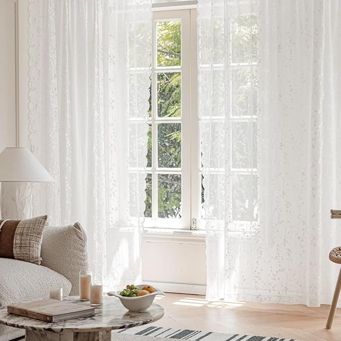 White Lace Sheer Curtains 84 inches Long – Vintage Branch Pattern for Living Room/Bedroom, Light Filtering Rod Pocket Drapes, Privacy Chic Window Treatments, 52W x 84L Inch, 2-Panel Set