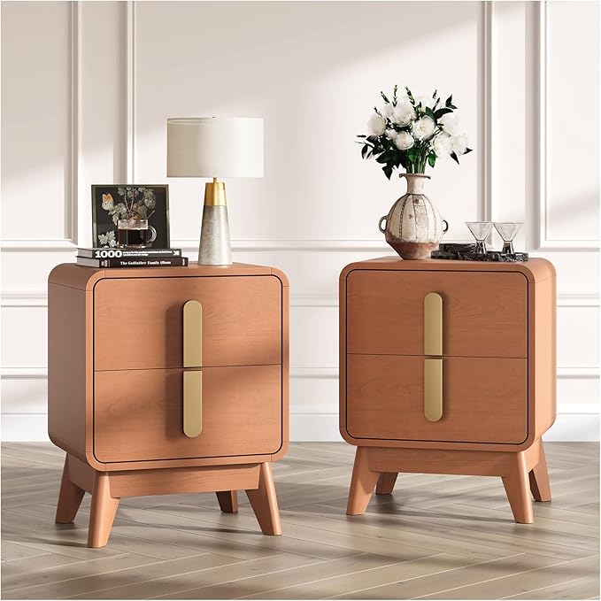 Nights tand Set 2, Mid Century Modern Bedside Table with Drawers, Curved Profile Design End Table with Metal Handle, Nightstand Set of 2 with Storage, Bed Side Tables for Bedroom, Cherry
