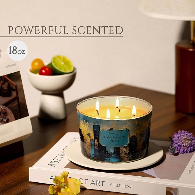 HomeLights High Summer Night Scented Candles | 18oz Soy Candles Industrial Chic 4-Wick Large Candle Jars | Ideal Candle Gifts for Events, Home Decor Stress, Relief & Relaxation
