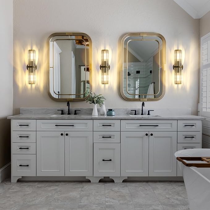 Crystal Wall Sconce Set of Two, Brushed Gold Bathroom Wall Light, Modern Sconces Wall Decor. 2-Light Luxury Indoor Wall Lamp 15.7-Inch for Living Room, Hallway, Mirror, Bathroom, Vanity. E26