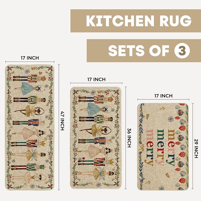 Artoid Mode Watercolor Nutcrackers Merry Christmas Decorative Kitchen Mats Set of 2, Home Party Low-Profile Kitchen Rugs - 17"x29"+17"x36"+17"x47"