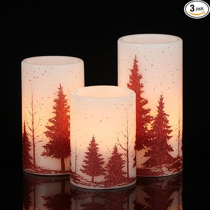 DRomance Christmas Tree Flameless Flickering Candles Battery Operated with 6H Timer, 3 Pack Real Wax Warm Light LED Pillar Candles Dinner Tabletop Holiday Centerpiece Decor 3" x 6"