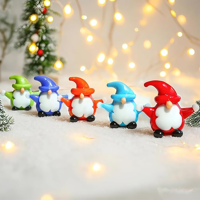 H&D HYALINE & DORA 5Pcs Christmas Gnomes Decorations Mini Blown Glass Christmas Ornaments Glass Xmas Figurines for Xmas Home Party Decor