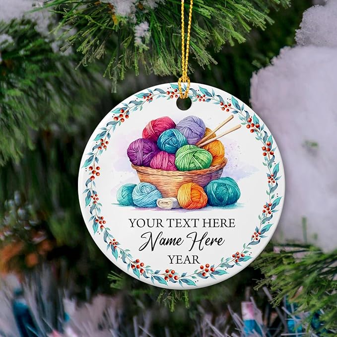 Knitting Ceramic Ornaments, Yarn Balls Ornaments, Personalized Crocheting Wood Ornament Christmas 2025, Customized Name & Year, Gifts for Mom Grandma, Knitting Accessories Ornament Xmas Tree Decor