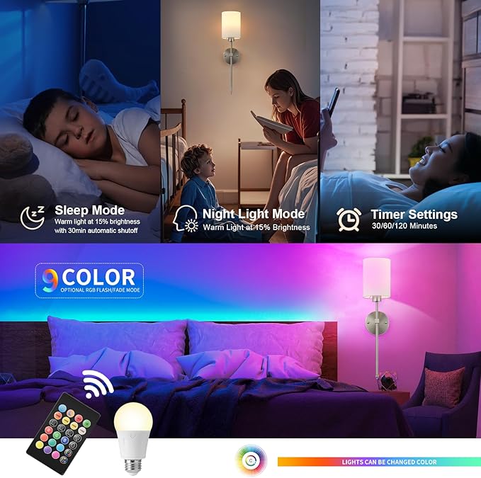 Battery Operated Wall Sconce Set of Two,Wireless Rechargeable Wall Light With Remote Control, Dimmable, 1800K/3000K/4000K/6000K/RGB, Timer, for Living Room, Bedroom, Fireplace, TV, 26.8 Inch, Nickel
