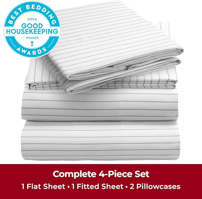 Mellanni King Sheets Set - 4 PC Iconic Collection Bedding - Hotel Luxury, Extra Soft, Cooling Bed Sheets - Wrinkle, Fade, Stain Resistant (King, Pin Stripe Gray)
