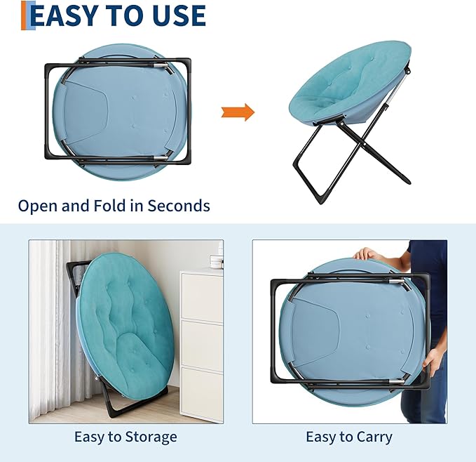 Folding Faux Fur Saucer Chair,Portable Folding Soft Moon Chair,Comfortable Lounge Chair with Metal Frame for Bedroom, Dorm Rooms, Apartments, Lounging, Garden and Courtyard, Green