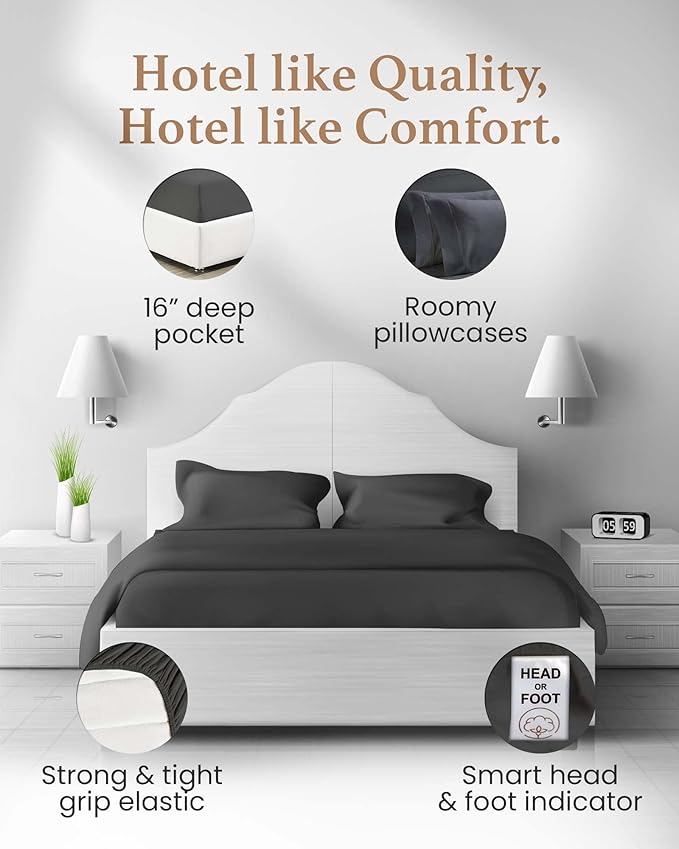 Good Sleep Bedding Split King Sheets Set, 1000 TC Egyptian Cotton, Luxury Sheets, 5 Piece, 2 Fitted - 16" Deep Pocket, Dark Gray