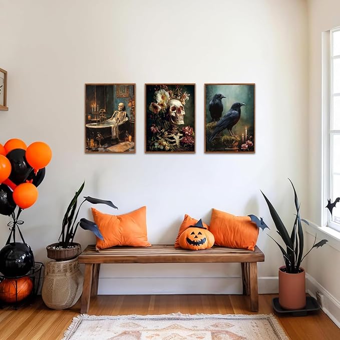 LHIUEM 12”x16”Halloween Gothic Skull Framed Painting Creepy Spooky Skeleton Flowers Decor Romantic Rose Wall Decor Dark Goth Skull Canvas Wall Art Vintage Halloween Skeleton Picture for Home Gallery