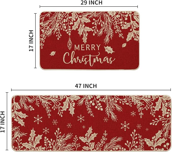 Artoid Mode Holly Pine Branches Leaves Merry Christmas Kitchen Mats Set of 2, Winter Decor Low-Profile Kitchen Rugs for Floor - 17x29 and 17x47 Inch