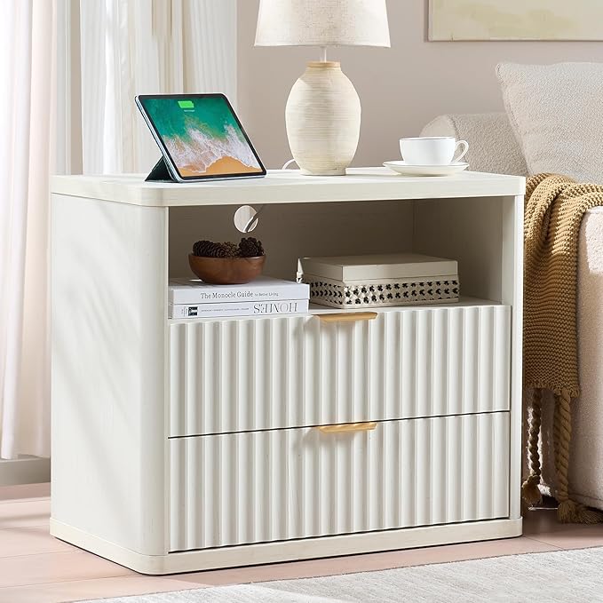 LEYAOYAO 31" Wide Fluted Nightstand Set of 2 with Charging Station, Oversized Extra Large 2 Drawers Night Stand,White Wood Bedside Table,Tall End Tables,Modern Chest of Drawers Dressers for Bedroom