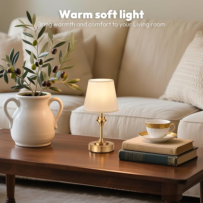 NIORSUN Portables Cordless Table Lamp, 10.2" Battery Operated Lamp, Bedside Table Lamp with Warm White,3 Way Dimmable Touch Desk Lamp for Bedroom Living Room Restaurant Whtie Shade (Gold)