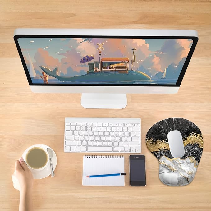 Hsurbtra Ergonomic Mouse Pad with Wrist Rest Support, Gel Mouse Pads with Non-Slip PU Base, Pain Relief Memory Foam Computer Mat, Cute Office Supplies Desk Decro Accessories, Black Marble
