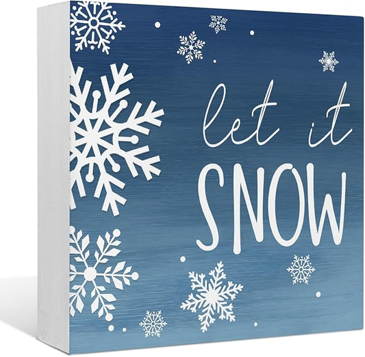 EIONEY Let it Snow Christmas Decorations Wood Box Sign,Rustic Farmhouse Winter Christmas Desk Decor,Seasonal Winter Holiday Decor for Home Bedroom Living Room Desk Shelf Table,5x5 Inch