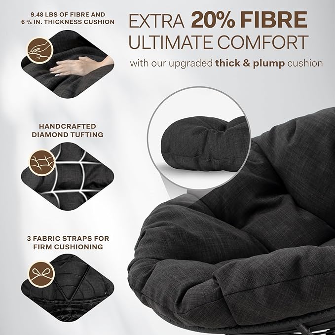 Bme 40" Ergonomic Wicker Papasan Chair with Soft Thick Density Fabric Cushion, High Capacity Steel Frame, 360 Degree Swivel for Living, Bedroom, Reading Room, Lounge, Onyx Stone - Black Base