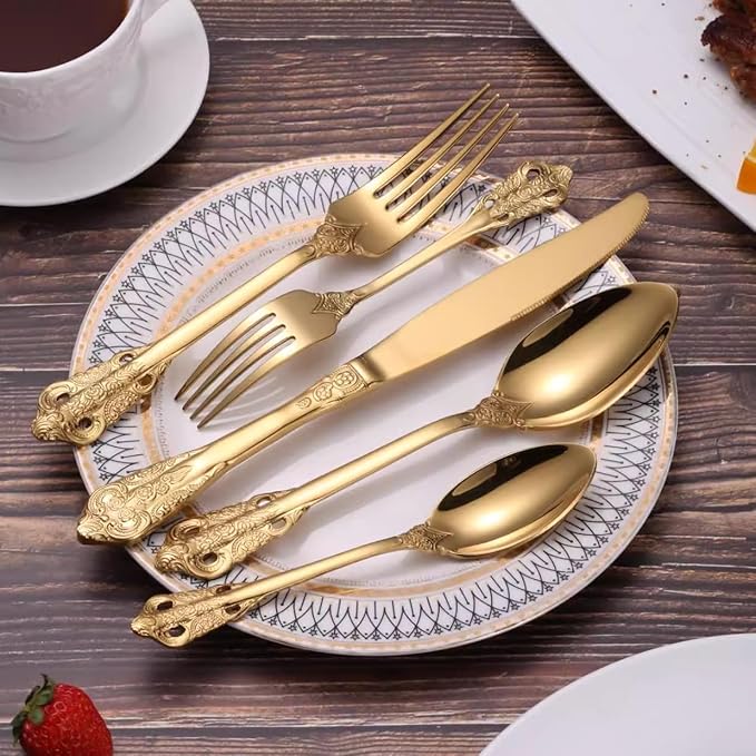 20-Pcs Luxury Silverware Set, Royal Flatware Set, Modern 304 Stainless Steel Flatware, Cutlery, Tableware (Gold, 20)