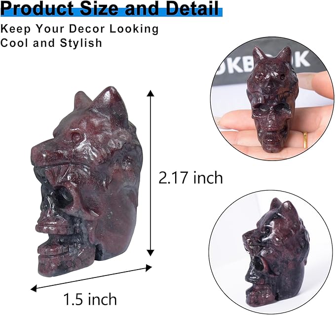 2.17 Inch Crystal Skull with Wolf Head Figurine Decor, Garnet Skull with Wolf Head Statue Decor for Home Office Desk, Hand Carved Healing Crystal Animal Statues Gifts for Women Men