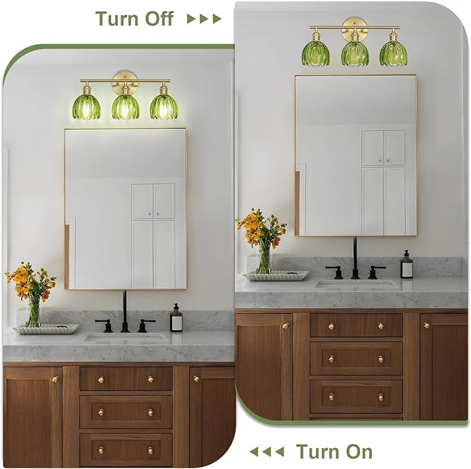 Vintage Bathroom Light Fixtures,3-Light Hardwired Vanity Lights Over Mirror,Gold Wall Sconces with Green Tulip Glass Shade for Bathroom Living Room,E26 Socket(Bulbs Not Included)