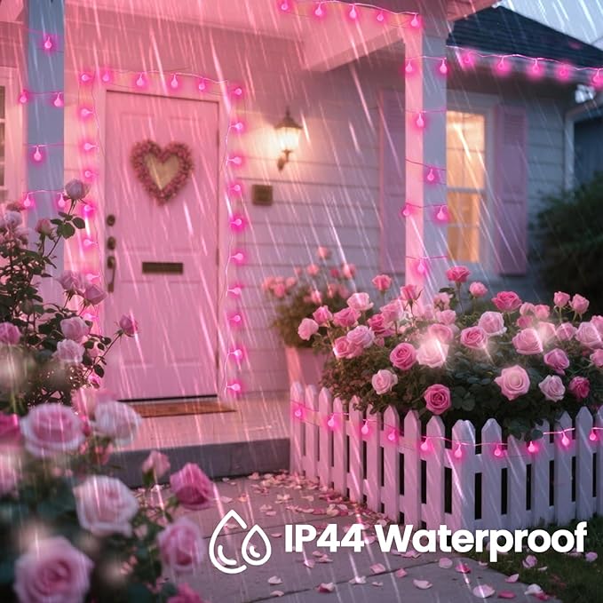 100LED Pink String Lights Outdoor Indoor for bedroom, 43FT Connectable Globe String Lights with Timer, 13 Modes Fairy Light Plug in Waterproof for Anniversary Valentines Party Christmas Decorations