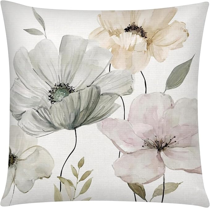 Brown White Grey Pillow Covers 16x16 Set of 6, Watercolor Flower Throw Pillow Cover for Couch, Modern Floral Cushion Cover for Sofa Bedroom Living Room Farmhouse Home Decor