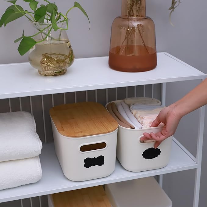 Citylife 2 PCS Storage Bins with Bamboo Lids Plastic Storage Containers for Organizing Stackable Storage Box with Handle, 10.23 x 7.08 x 6.3 inch