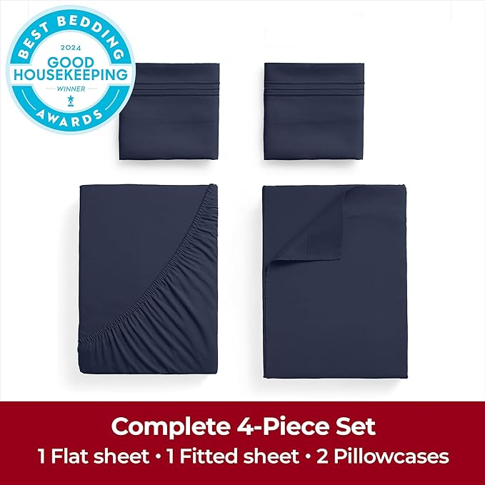 Mellanni Extra Deep King Sheets - 4 PC Iconic Collection Bedding - Hotel Luxury, Ultra Soft, Cooling Bed Sheets - Wrinkle, Fade, Stain Resistant (King, Navy Blue)