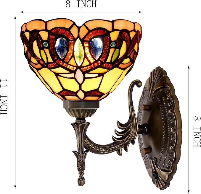 Tiffany Wall Sconce Lamp Blue Stained Glass Flower Style 8X10.5X11 Inch Plug in Wall Bedside Light for Hallway Bedroom (Serenity Victorian Style)