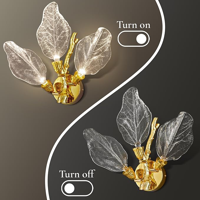 LED Gold Wall Sconces, Dimmable Modern Wall Lights, Bionic Leaf Vanity Light Fixtures for Bathroom, Bedside Wall Lamp Perfect for Bedroom, Living Room, Kitchen,Hallway (1 pcs,Gold)
